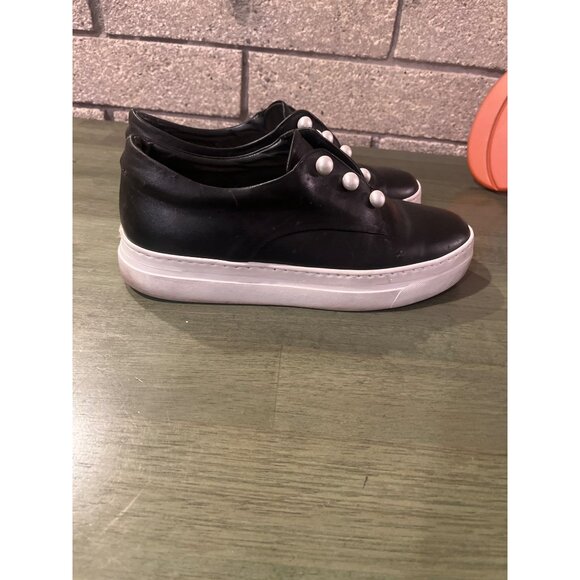 Womens Black Slip-On Platform Sneakers W/ Pearl Accents Casual Style Leather Upp - Picture 4 of 7